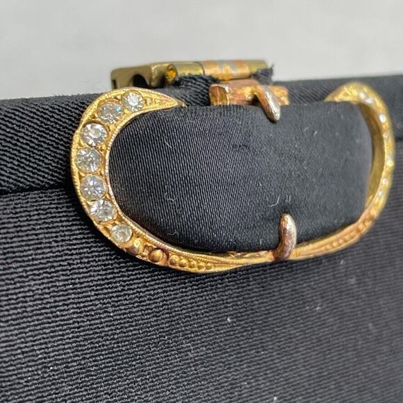 Vintage Purse Black Satin Clutch Evening Bag Rhinestone Top Lock Formal Handbag - Picture 4 of 7